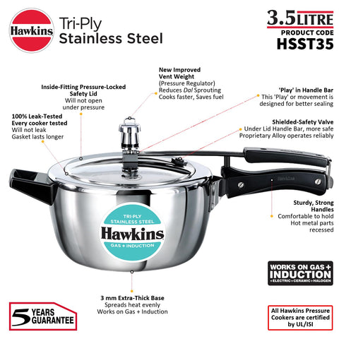 Hawkins 3.5 Litre Triply Stainless Steel Pressure Cooker, Inner Lid Cooker, Silver (HSST35)