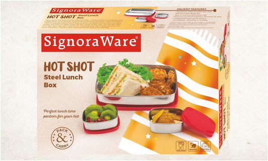Signoraware Hot Shot Steel Lunch Box, 850ml+100ml+100ml, Set of 3, Red
