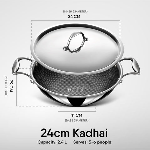 Stahl Triply Non Stick Kadai with Lid | Stainless Steel Kadai with Induction Base | Tri Ply Kadhai Scratch Resistant | Hybrid 6324, Dia 24cm, 2.4L (Serves 4 People)