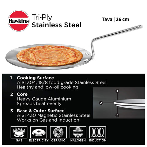 Hawkins Tri-Ply Stainless Steel Tava 26 cm, 3.5mm Induction Compatible